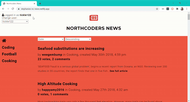 gif showing a demonstration of my Northcoders News site